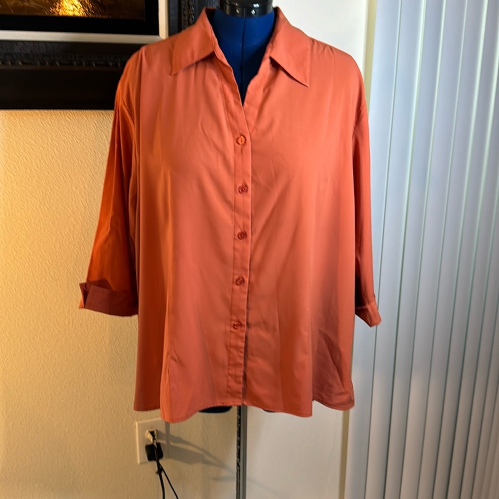 Apparenza Blouse collar button-down 3/4 sleeve orangey pumpkin color 3X